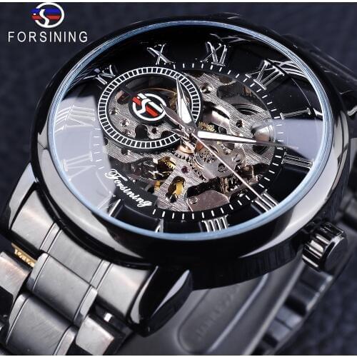 Forsining 3D Hollow Engraving Full Black Clock Luminous Design Black Stainless Steel Mens Mechanical Watches Top Brand Luxury