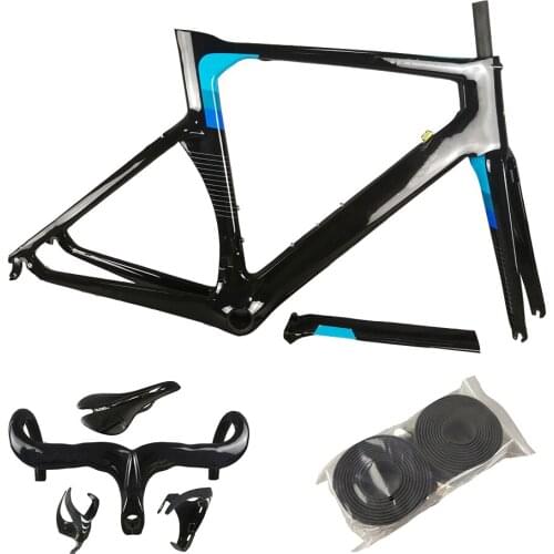 Black Blue Glossy Concept Frame Carbon Road Bike Frame Bicycle Frameset + Handlebar + Saddle + Water Bottle Cages C64 V3Rs Frame