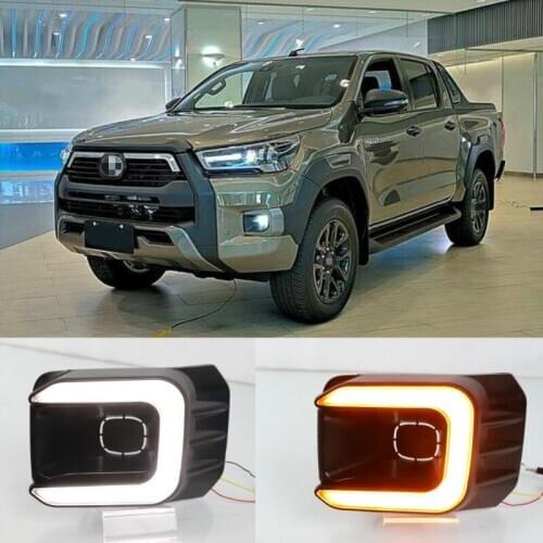 12V LED DRL Daytime Running Light For Toyota Hilux Revo 2020 2021 Waterproof Yellow Turn Signal Indicator Light Bumper fog lam