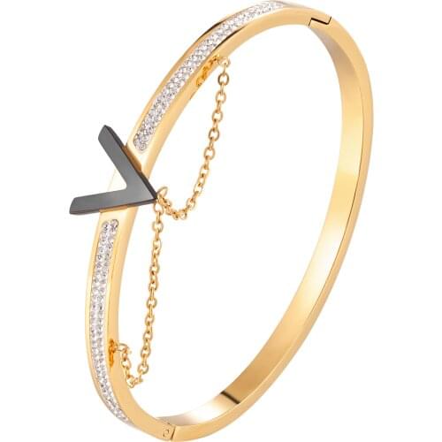 Fashion Letter V-design Dangle Circle Stainless Steel Bracelets Bangles For Women Ladies Girls Crystal Charm Bangle Jewelry Gift
