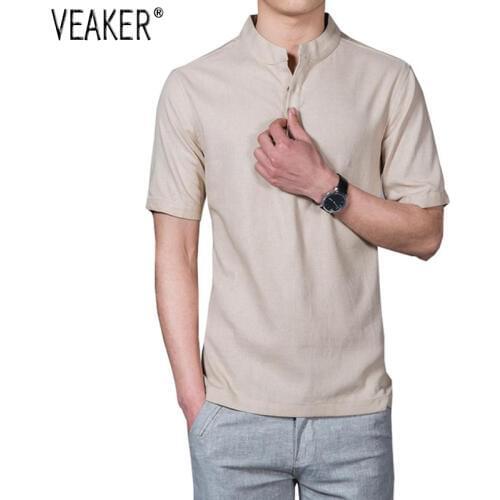 2019 New Mens Stand Collar t shirt Chinese Style Solid Color Short Sleeve t-shirt Tops Flax Linen T Shirts Plus Size 5XL