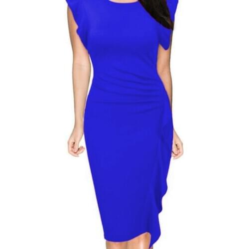 BacklakeGirls 2020 New Arrival Fashion Design Solid Ruched Cocktail Dress Round Neck Ruffles Hem Midi Bodycon Dress Vestidos