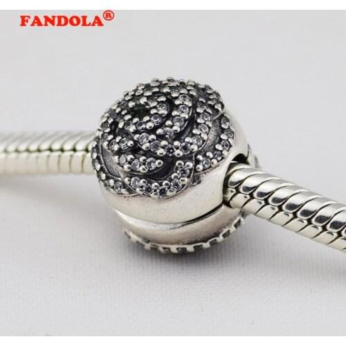 Fits for Pandora Charms Bracelets and Necklaces 100% 925 Sterling Silver Jewelry Rose Clip Beads With Clear CZ Free Shipping