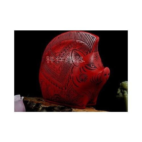 Elaborate Interesting Chinese Traditional Technology Red Lacquerware Pig Statue