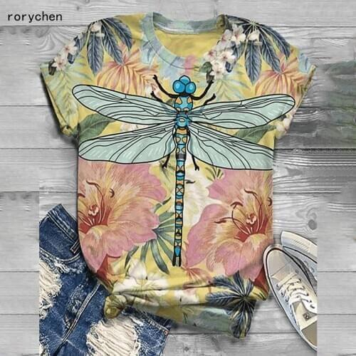Rorychen 2020Animal Print T-shirt New Arriaval Women Cartoon Dragonfly Printed T-shirt Short Sleeve O-neck Casual Tops Tee A610