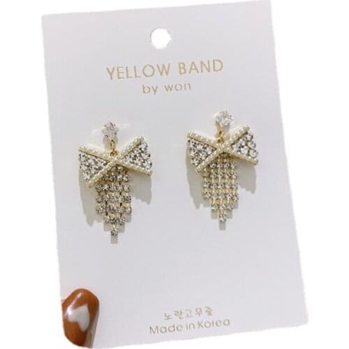 RZ066 Fashion Temperament Diamond-Studded Bow Tassel Earrings S925 Silver Needle Exquisite All-Match Earrings Show Thin Face