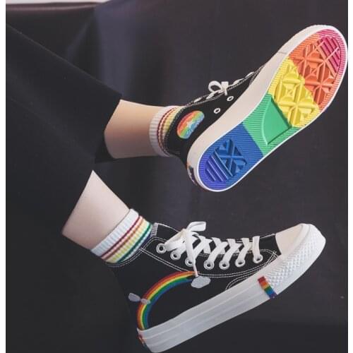 Womens Fashion 2020 Vulcanized Shoes Woman Sneakers New Rainbow Retro Canvas Shoes Flat Fashion Comfortable High Shoes Women