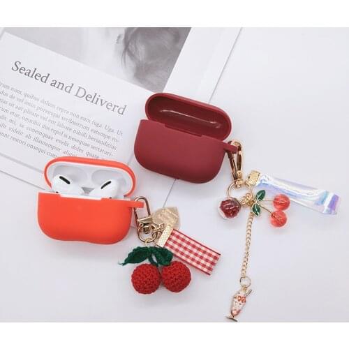 Cute Silicone Earphone Case For Apple Airpods Pro 3 Case Bluetooth Headset Protective Cover With Red Cherry Key Ring Anti-lost