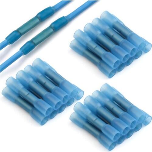 50/25/10Pcs Heat Shrink Butt Wire Connectors AWG 16-14 1.5-2.5mm2 Blue Waterproof Insulated Automobile Wire Cable Terminals