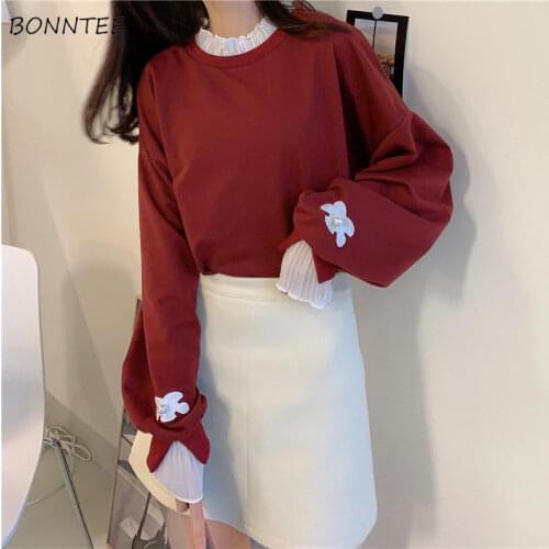 Women Sets Autumn Thicken Fake 2 Piece Floral O-neck Patchwork Tops A-line High Waist Solid Skirts Sweet Casual Chic Lazy Korean