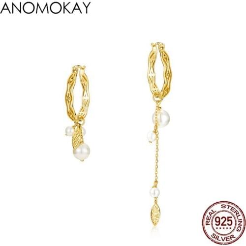 Anomokay Trendy Asymmetry Pearl Leaf Gold Color Drop Earrings for Lovers Mom Girl 925 Sterling Silver Free Combination Earring