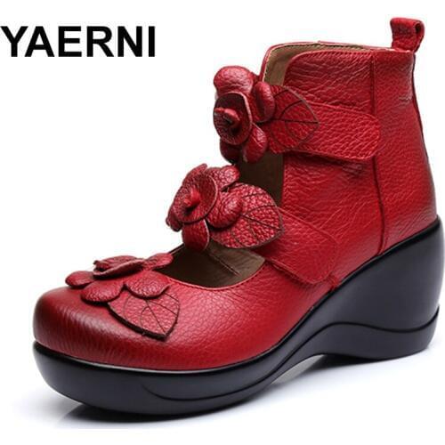 YAERNI Women Thick Heels plarform Sandals Closed Toe Flower Ethnic Style Handmade Genuine Leather Personalized Women SandalsE437