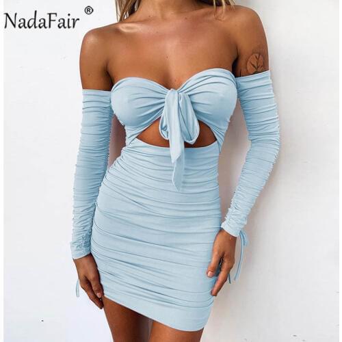 Nadafair Off Shoulder Bandage Sexy Dress Women Clubwear Bow Tied Ruched Long Sleeve Backless Sexy Mini Party Bodycon Dress