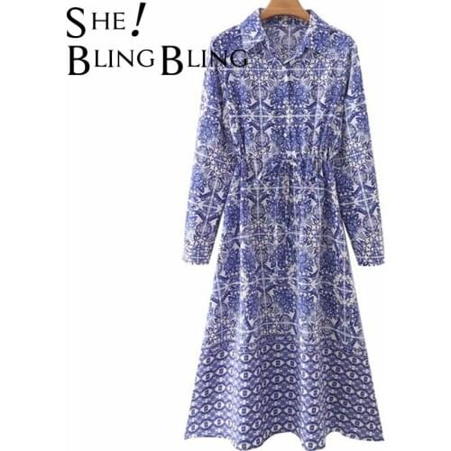 SheBlingBling Za Woman Blue White Porcelain Print Summer Long Sleeve Lapel Neck Button Drawcord High Waist Casual Midi Dresses