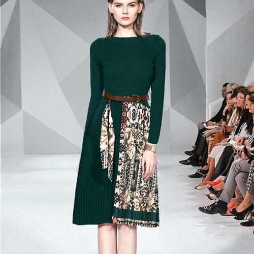 2021 Summer Elegant Knitted Patchwork Pleated Midi Dress Fashion Women Short Sleeve Ethnic Retro Printing Pleated Dress