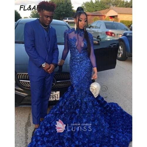 2021 Mermaid Evening Dress Royal Blue Lace Elastic Satin with Train Long Sleeves Floor Length Evening Prom Party Gowns