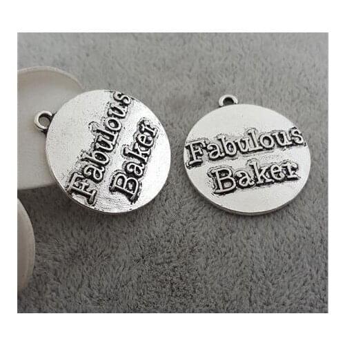 High Quality 20 Pieces/Lot Diameter 25mm Letter Embossed Fabulous Baker Round Disc Charms Pendents