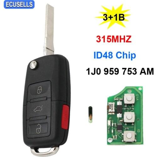 3+1/4 Button Folding Filp Remote Key Smart Car Key 1J0 959 753 AM 315MHZ ID48 Chip for VW Beetle Golf Jetta Passat Uncut Blade