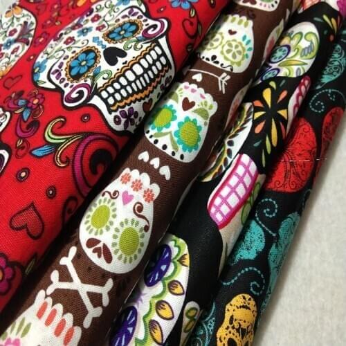 4pcs 24x25cm Pretty Halloween Flower Skull & Silver Thread Skull Pirate Printed Cotton Fabric Bundle DIY Sewing Patchwork Doll