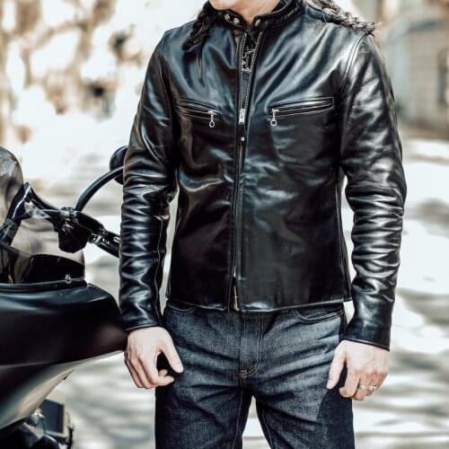 Free shipping.sales.Brand Classic motor biker style genuine leather jacket.mens US 641 horsehide coat.quality slim