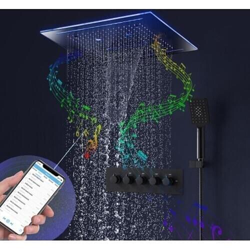 Bluetooth Music LED Shower Set 16inch Waterfall Rain Shower Head Tap Bathroom Thermostatic Faucets Black Music Shower System