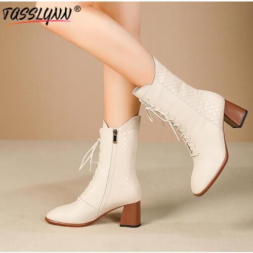 TASSLYNN 2019 beige Cow Leather Women Shoes lace up Motorcycle Boots for Women square Toe Heel Mid-calf Boots Big Size 34-42