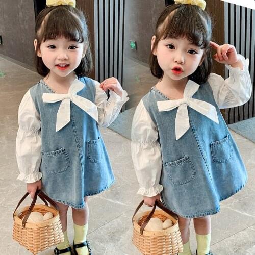 Baby Girls Patchwork Dresses Autumn Bow Denim Dress Korean Childrens Jeans Clothes Fashion Long Sleeve Kids Cute Vestidos 3-7Y