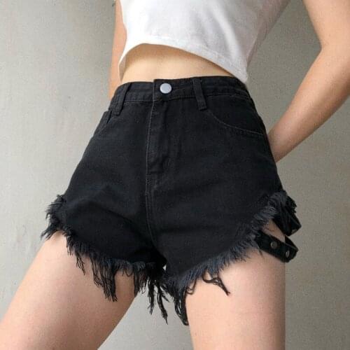 TVVOVVIN High Waisted Denim Shorts With Frayed Side Straps 2021 Summer New Fashion Button Fly Cowboy Short Jeans Women GNC1