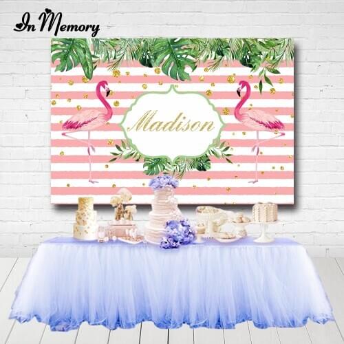 InMemory Pink Flamingo Party Backdrops Green Tropical leaves Stripes Gold Glitter Dots Girls Birthday Photography Backgrounds