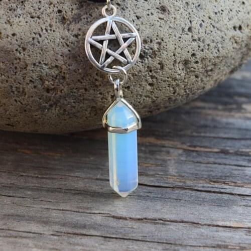 Pentagram and Crystal Pillar Necklace, Pentagram Witchcraft Jewelry, Pagan Jewelry, Opal Moonstone Crystal, Spirit Necklace
