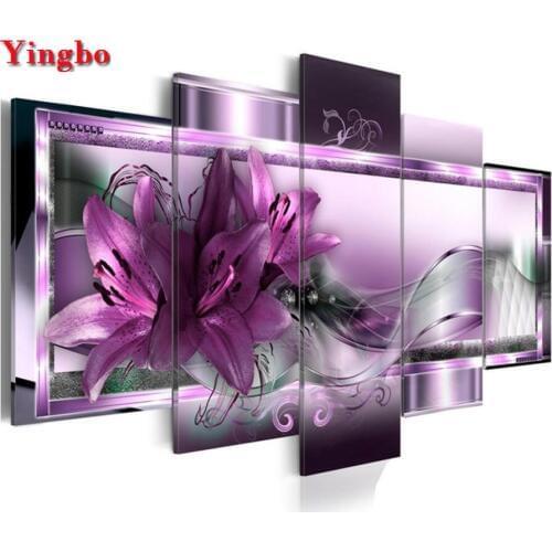 5 Pieces,full square Round Diamond Painting Lily Flower 5D DIY Diamond Embroidery Rhinestone Mosaic Wall Art Abstract Poster