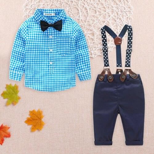 Vintage Clothes Set Baby Kids Boys Soft Plaid Printing Button Lapel Long Sleeve Cotton Comfortable Tees Suspenders Pants