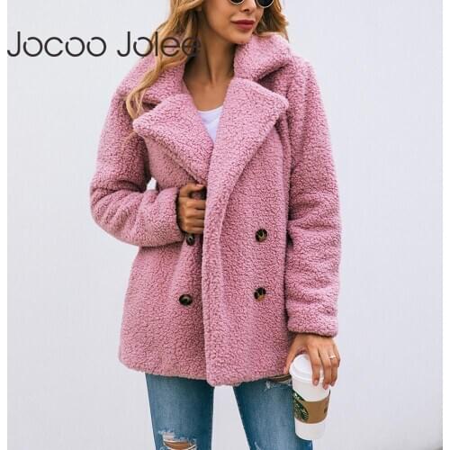 Jocoo Jolee Women Elegant Faux Fur Jackets Female Fashion Double-breasted Teddy Coats Warm Soft Overcoats Plus Size Outwear
