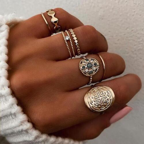 DIEZI Bohemian Vintage Gold Color Knuckle Joint Rings Set For Women Ladies Rhinestone Geometric Gem Stone Finger Rings Jewelry