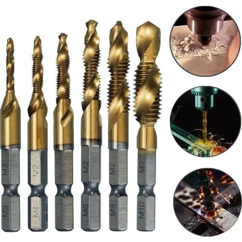 6Pcs HSS 6542 Titanium Coated M3-M10 Combination Hex Drill Bits Tap Set Kit
