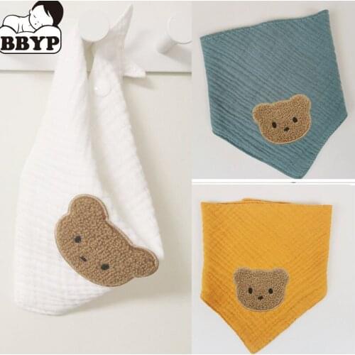 5Pcs Baby Bibs Cotton Linen Baby Feeding Apron Triangle Cute Baby Bibs Cartoon Bear Feeding Scarf Bib Collar Bib Burp Cloths