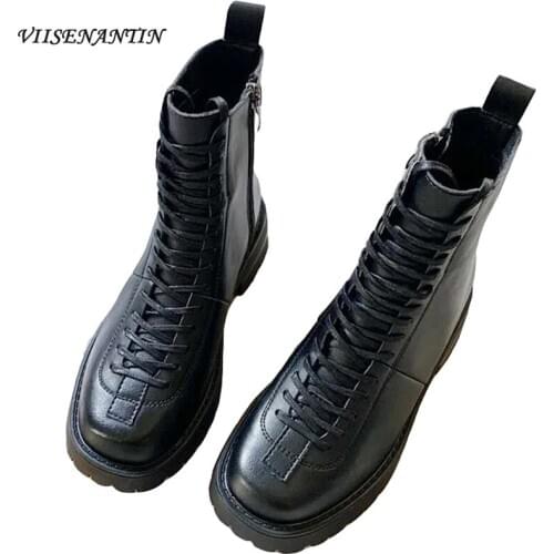 Autumn /winter British Fashion Square Toe Short Boots Lace Up Handsome Motorcycle Boots Women Trendy Thick Heel Platform Shoes