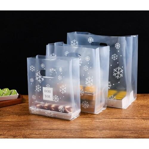Snowflake Pattern Merchandise Plastic Retail Bags Die Cut Handles Perfect for Shopping Party Favors Birthdays Parties Recyclable