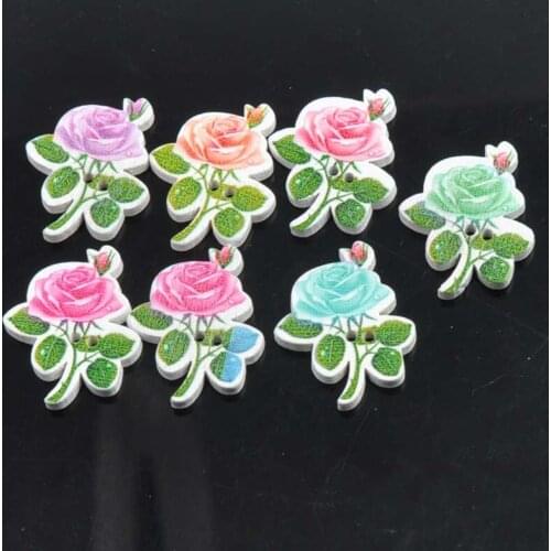 Rose Painted Wooden Buttons Sewing Accessories Botones Scrapbooking Crafts 50pcs 23x29mm MT0749