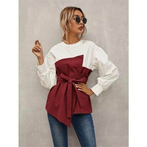 2020 Hot Sale New Vadim Zanzea O-neck None Full Cotton 2021 Round Neck Solid Stitching Loose Lantern Sleeve Shirt with Belt