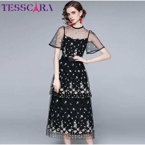 TESSCARA Women Summer Embroidery Mesh Dress Festa High Quality Long Elegant Party Robe Femme Vintage Floral Designer Vestidos