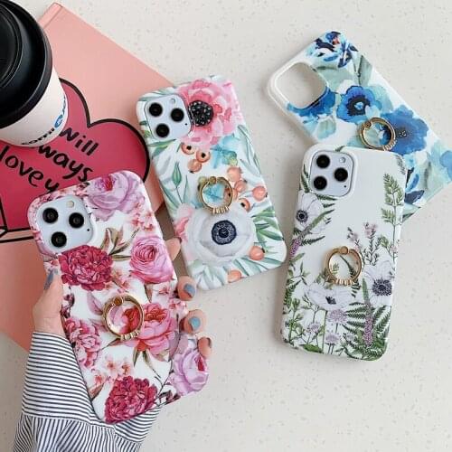 Vintage Flowers Leaf Phone Case For iPhone 11 12 Pro Max 12 Mini XR XS Max 7 8 Plus Soft IMD Floral Finger Ring Back Cover Coque