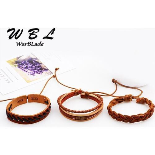 WBL 2019 New Men Genuine Leather Bracelet 3pcs Charm Braided Bracelets Bangle Punk Wrap Wristband For Male Jewelry Vintage
