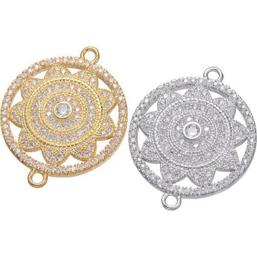 Jewelry Accessory Wholesale Handmade Gold Color Sun Flower Connector Accessories Brass Micro Pave CZ Jewelry Round Connector