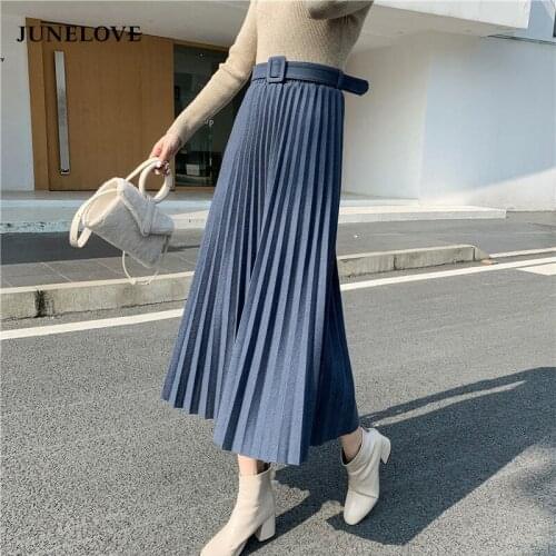 JuneLove Women Casual Spring Elegant Hight Waist Woolen Skirts Lady Belted Sashes Pleated Skirts Thicken Casual Elastic Bottoms