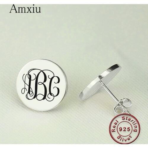 Amxiu 100% 925 Sterling Silver Earrings Custom Monogram 1-3 Initials Round Stud Earrings For Women Students Daily Accessories