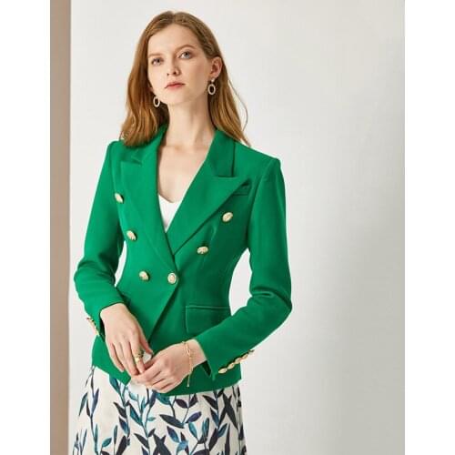Glamoda Green Notched Long Sleeve Double Breasted Designer Jacket Women Blazer Plus Size Fashion Women Coat