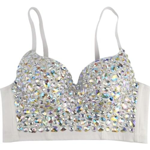 Women Sexy AB Colored Rhinestone Bustier Crop Top Spaghetti Strap Push Up Bralette Glitter Club Party Corset Bra Vest
