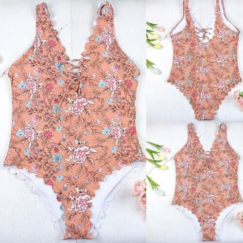 XL-4XL push up swimsuit Women Swimwear Sexy Plus Size Flower Printing One-piece Swimsuit V-neck design tie French femininity F4