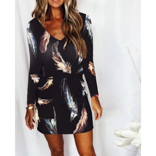 Feather Prints Waist Drawstring Dress Woman Long Sleeves V-neck Mini Dresses For Women 2021 Casual Loose Pocket Dress 40